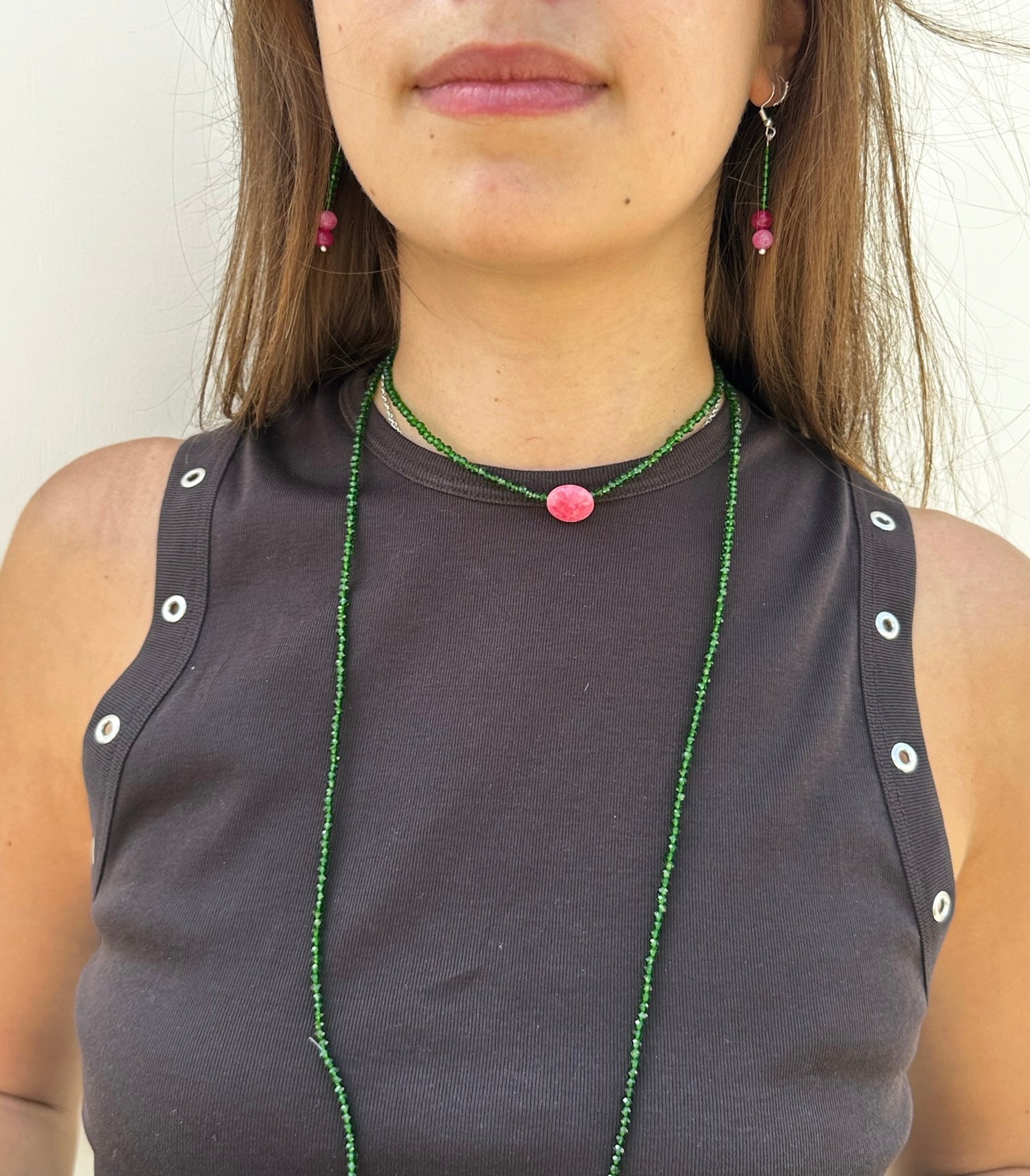 Emerald & Pink Jade Drop Earrings